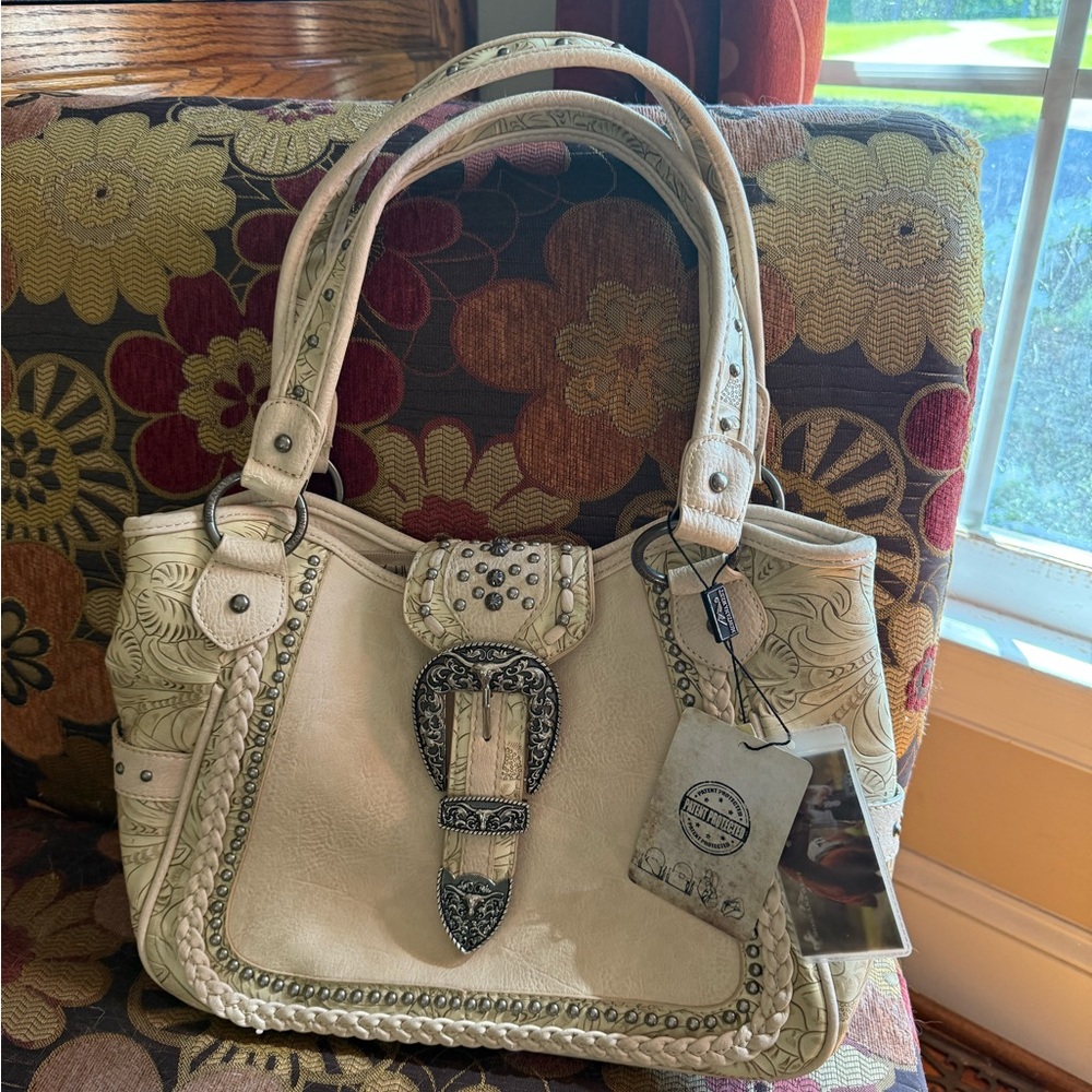 Montana West Cream Shoulder Bag with Decorative Buckle